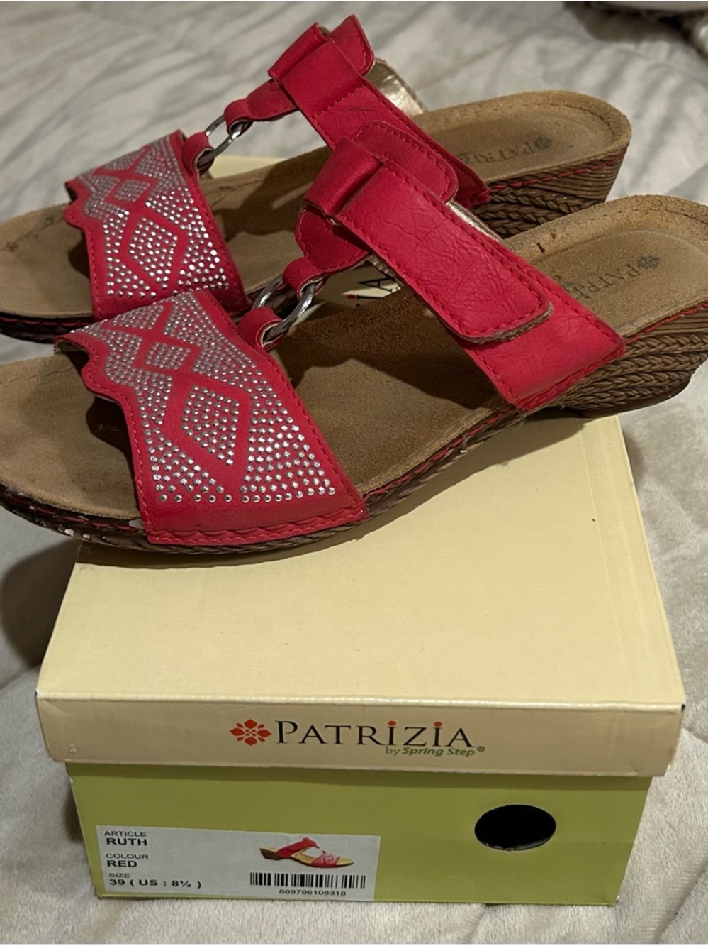 Patrizia Red Wedge Sandals with Decorative Stud Detailing and Velcro Strap